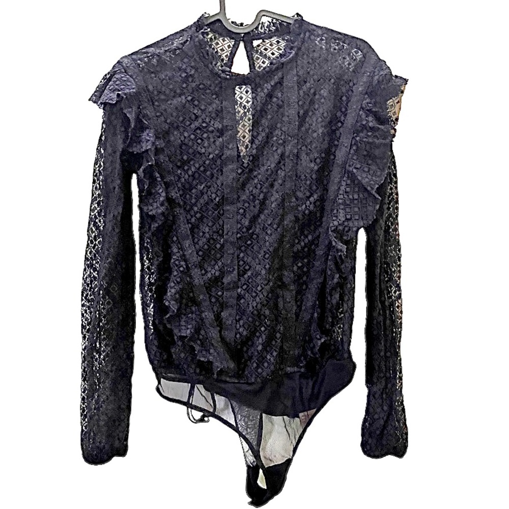 Free People Intimately Black Lace‎ Ruffle Bodysuit XS